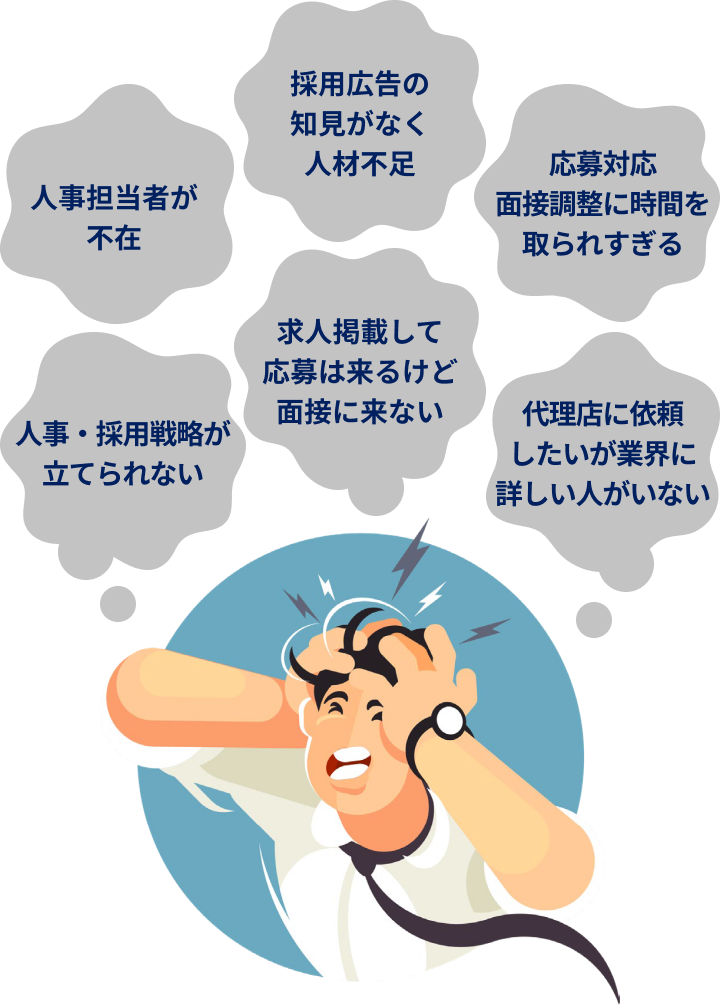 採用広告の知見がなく人材不足 人事担当者が不在 応募対応面接調整に時間を取られすぎる 求人掲載して応募は来るけど面接に来ない 代理店に依頼したいが業界に詳しい人がいない 人事・採用戦略が立てられない